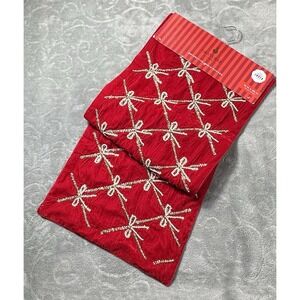 Ornate Christmas Red Bows Velvet Table Runner 36" Beaded Rhinestones Pearls